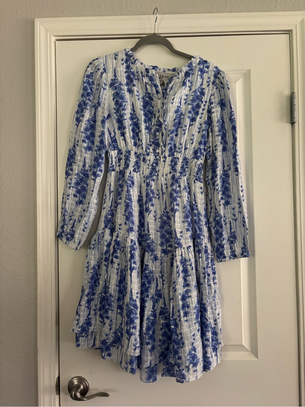 JessaKae x Food Nanny White and Blue Floral Long Sleeve Tiered Dress Sz Small